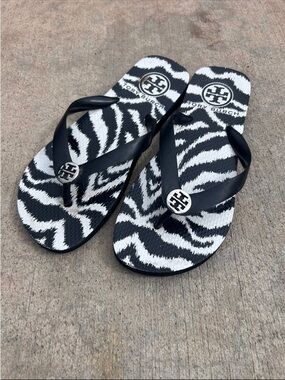 Tory Burch Black and White Zebra Print Flip Flop Sandals